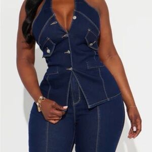 Fashion Nova Dark Blue Denim Flare Pant Set